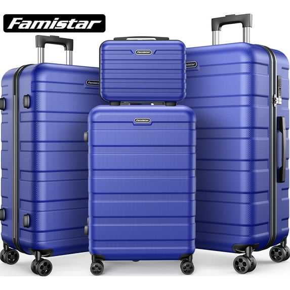 Famistar 4 Piece Hardside Luggage Suitcase Set with 360° Double Spinner Wheels Integrated TSA Lock, 14” Travel Case, 20" Carry-On Luggage, 24" Checked Luggage and 28" Checked Luggage, Blue