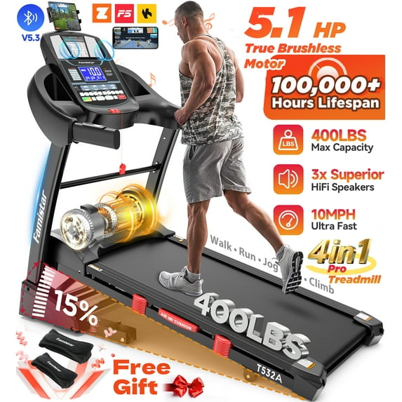 Famistar 5.1HP Folding Treadmill for Home with 15% Auto Incline, 300-400 LB Capacity, Portable Foldable Treadmill, FREE APP Control, Adjustable iPad Holder, 10MPH Speed, 71 Programs, Knee Straps Gift