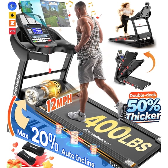 Famistar 12MPH Folding Treadmill with 20% Auto Incline, 300-400 LB Capacity, Treadmills for Home Running Walking, 5.1HP Brushless Motor, Foldable Electric Treadmill Running Machine with APP & Bluetooth