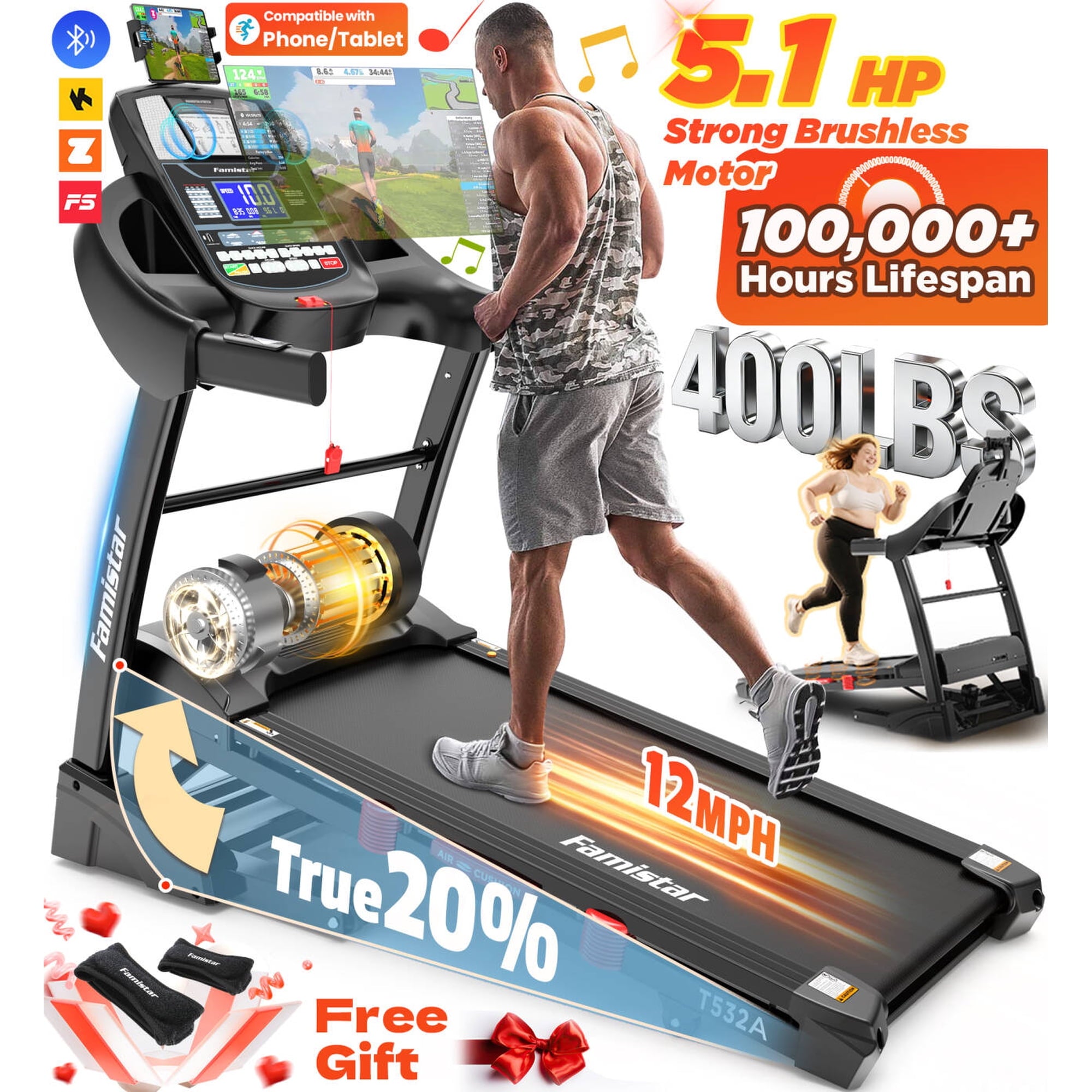 Famistar 5.1HP Folding Treadmill for Home with 15% Auto Incline, 300-400 LB Capacity, Portable Foldable Treadmill, FREE APP Control, Adjustable Tablet Holder,10MPH Speed,71 Programs,UPC:6974950491994