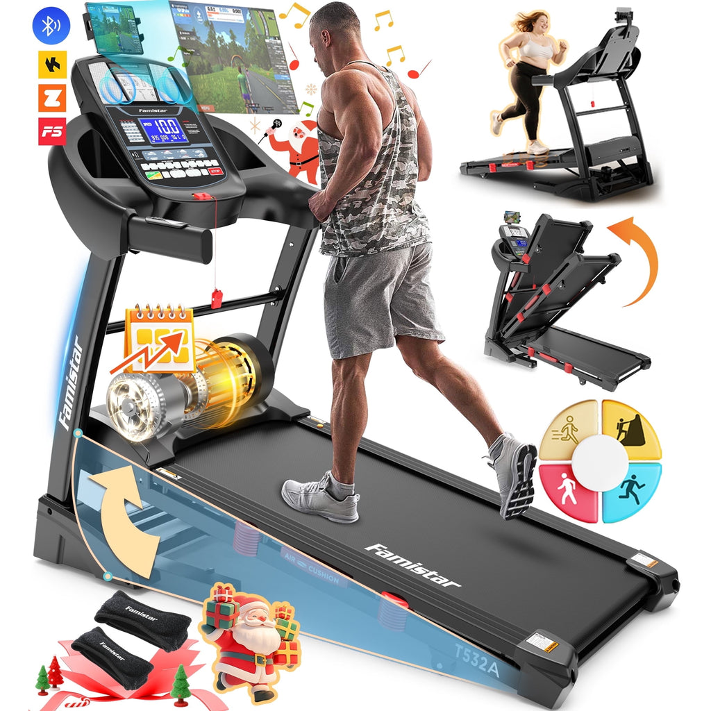 Famistar  Famistar 5.1HP Folding Treadmill for Home with 15% Auto Incline, 300-400 LB Capacity, Portable Foldable Treadmill, FREE APP Control, Adjustable iPad Holder, 10MPH Speed, 71 Programs, Knee Straps Gift