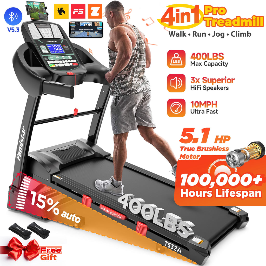 Famistar 5.1HP Folding Treadmill for Home with 15% Auto Incline, 300-400 LB Capacity, Portable Foldable Treadmill, FREE APP Control, Adjustable iPad Holder, 10MPH Speed, 71 Programs, Knee Strap Gift