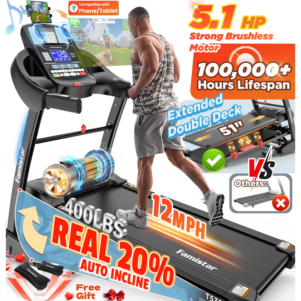 Famistar 5.1HP Folding Treadmill for Home with 20% Auto Incline, 300-400 LB Capacity, Portable Foldable Treadmill, FREE APP Control, Adjustable Tablet Holder,12MPH Speed,71 Programs,Knee Straps Gift