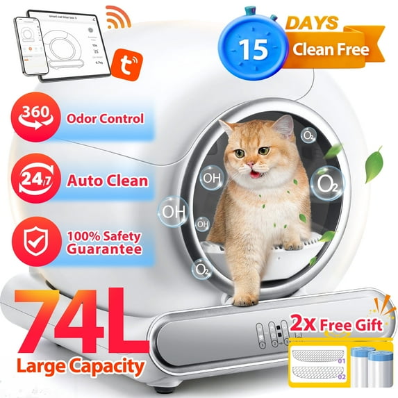 Famistar Automatic Cat Litter Box Self Cleaning, 65+9L Large Litter Box with Liner, Odor Removal, 2.4G WiFi APP Control/Integrated Safety Protection, 2 Sifters Included