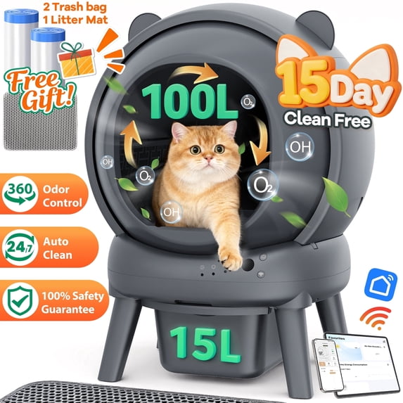 Famistar Automatic Cat Litter Box Self Cleaning, 100+15L Large Size Litter Box, 2.4G WiFi APP Control, Odor Removal, Safety Protection with Litter Mat & Liner