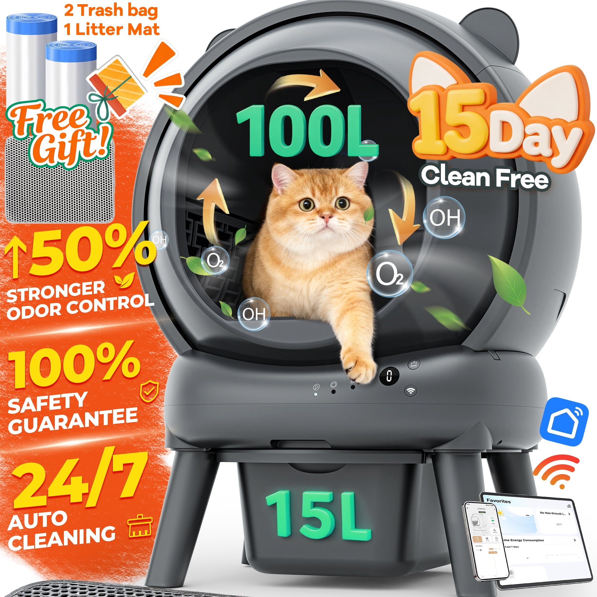 Famistar Automatic Cat Litter Box Self Cleaning, 100+15L Large Size Litter Box, 2.4G WiFi APP Control, Odor Removal, Safety Protection with Litter Mat & Liner