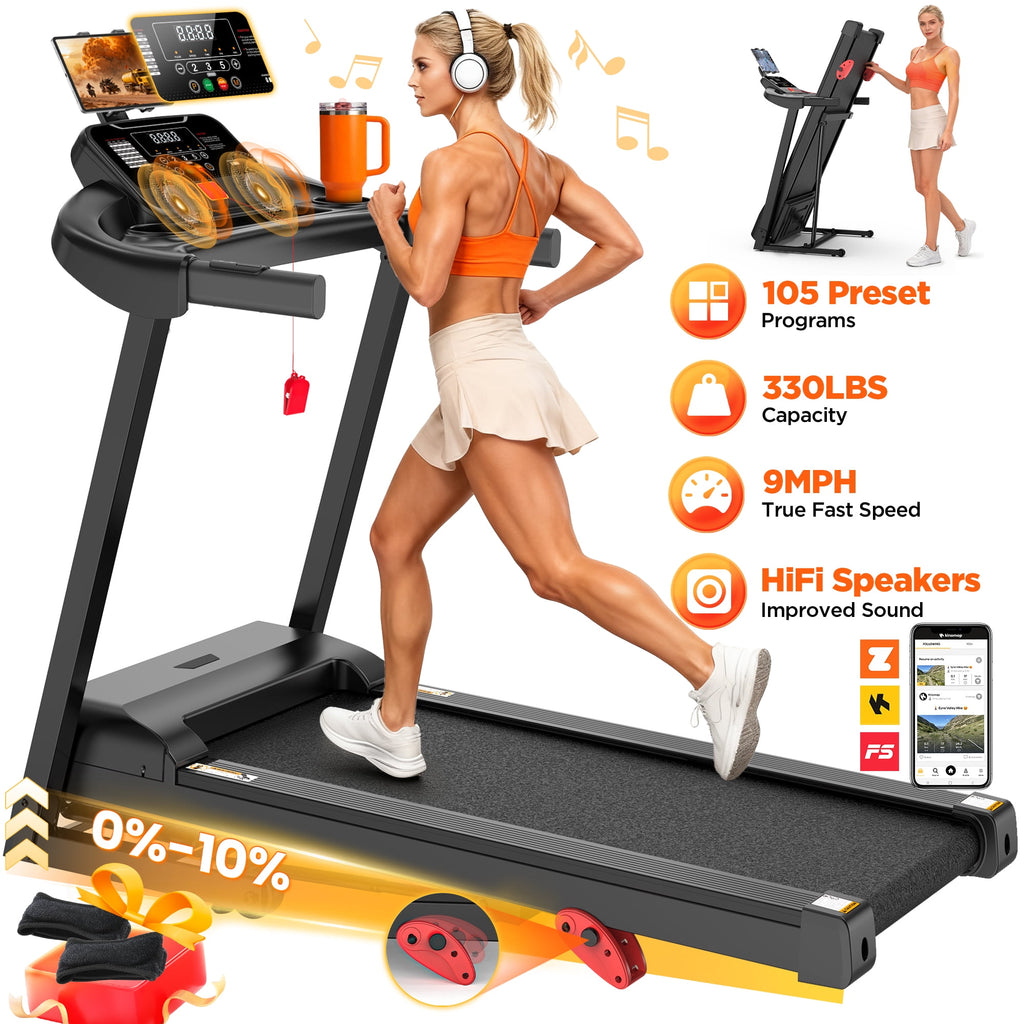 ODYAAZ Electric Folding Treadmill for Home with Adjustable Incline & APP, 9MPH Speed, 330lbs, HiFi Bluetooth Speakers, 3.75HP Foldable Compact Treadmill Walking Running Machine