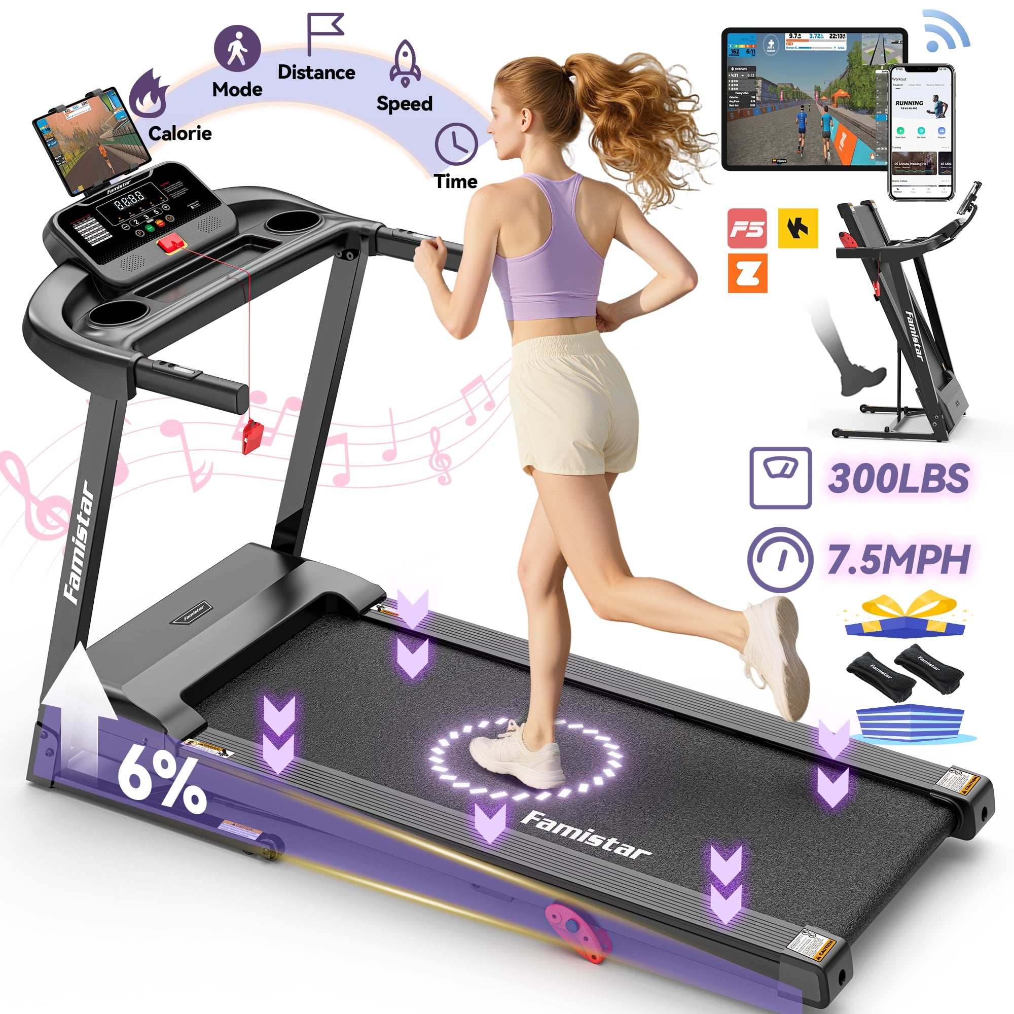 Famistar Treadmill 300 LB Capacity for Home with Incline, Folding Electric Running Walking Treadmill, Portable Treadmill for Home Use, 7.5 MPH, Smart Apps, 64+7 Programs, Bluetooth Speakers