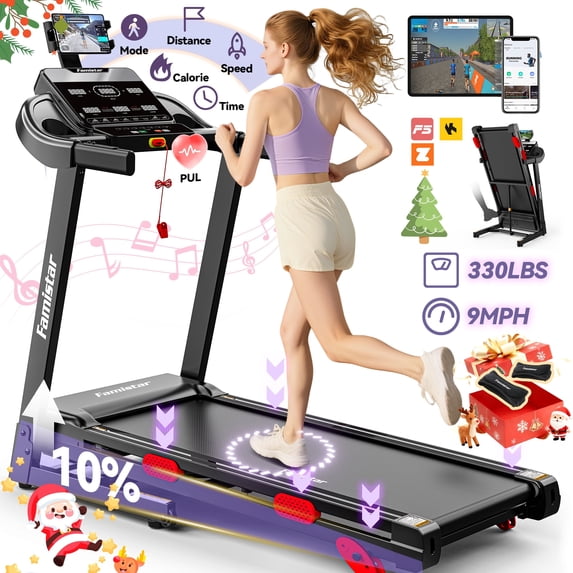 Famistar Treadmill 300 LB Capacity for Home with Incline, Folding Electric Running Walking Treadmill, Portable Treadmill for Home Use, 9 MPH, Smart Apps, 96+9 Programs, Bluetooth Speakers