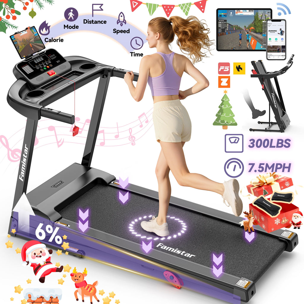Famistar Treadmill 300 LB Capacity for Home with Incline, Folding Electric Running Walking Treadmill, Portable Treadmill for Home Use, 7.5 MPH, Smart Apps, 64+7 Programs, Bluetooth Speakers