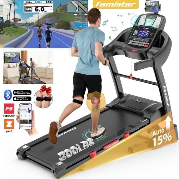 Campmoy Portable Folding Treadmill for Home Office with 15°Auto Incline, 300lbs Capacity, 10MPH Fast Speed, 64+3+3+1 Programs, APP Enabled, Bluetooth Speakers, Smart Running Walking Machine, 5.0HP