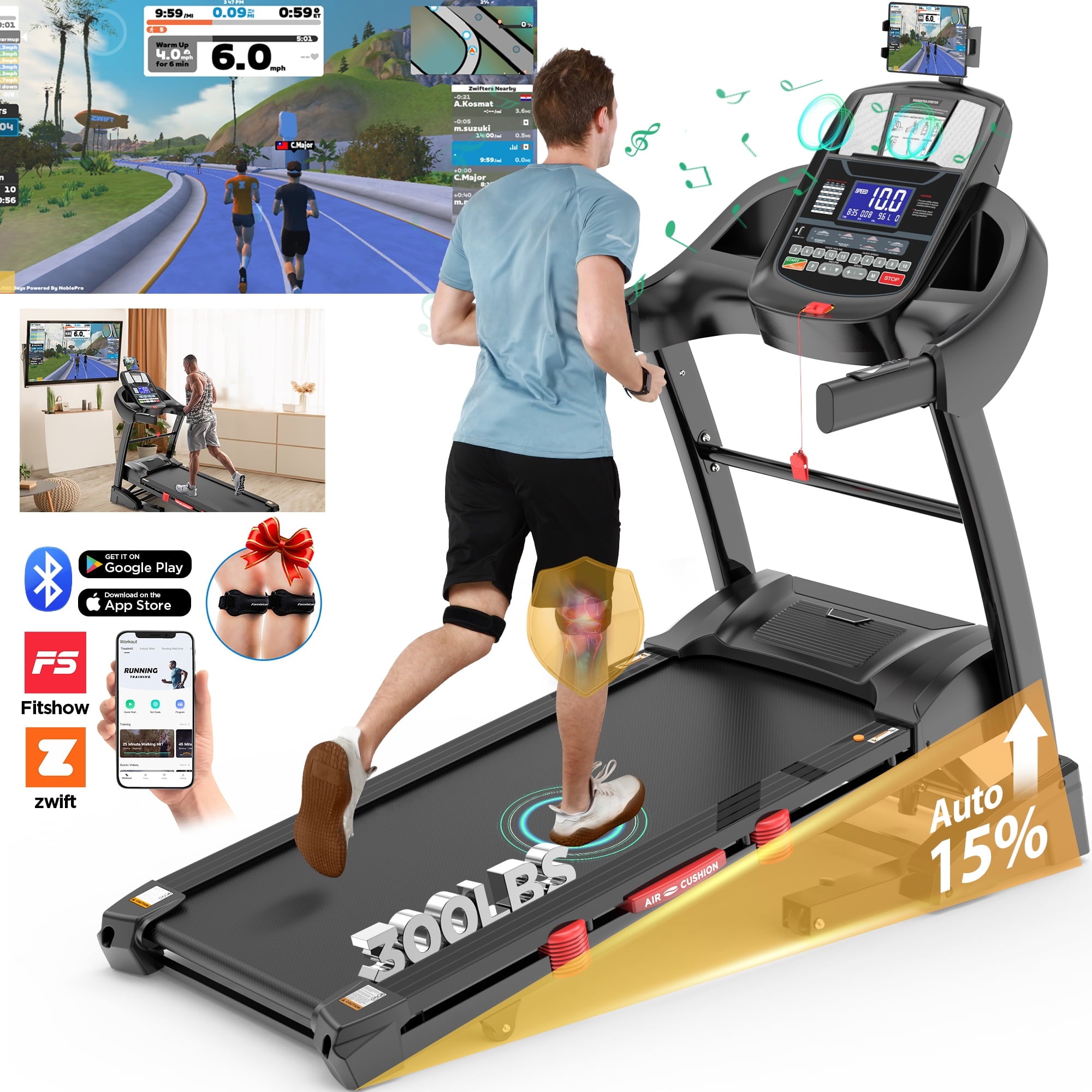 Campmoy Portable Folding Treadmill for Home Office with 15°Auto Incline, 300lbs Capacity, 10MPH Fast Speed, 64+3+3+1 Programs, APP Enabled, Bluetooth Speakers, Smart Running Walking Machine, 5.0HP