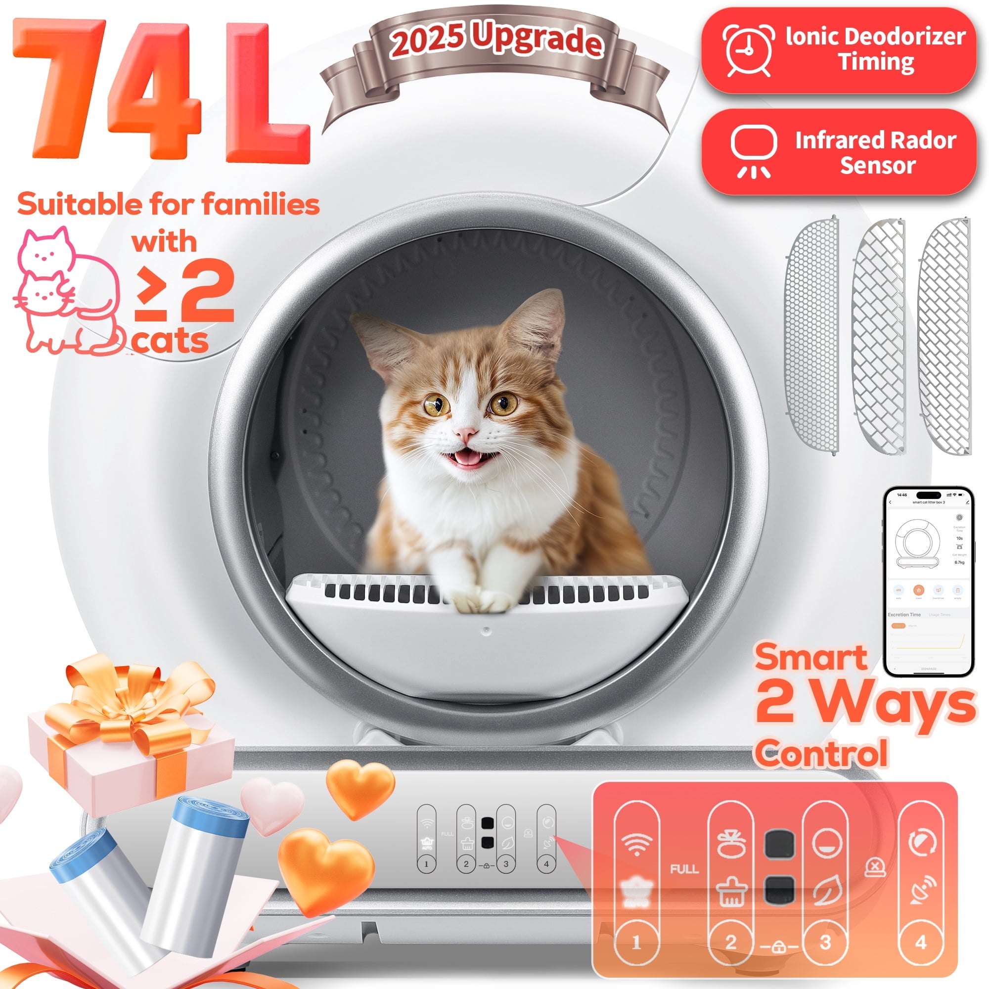 WNANEEZ Self Cleaning Cat Litter Box, Automatic Cat Litter Box with APP Control, 65+9L Large Capacity, All-round Safety Protection, Fully Auto Cleaning, Support 2.4G WiFi Only, 2 Rolls Liner Gift