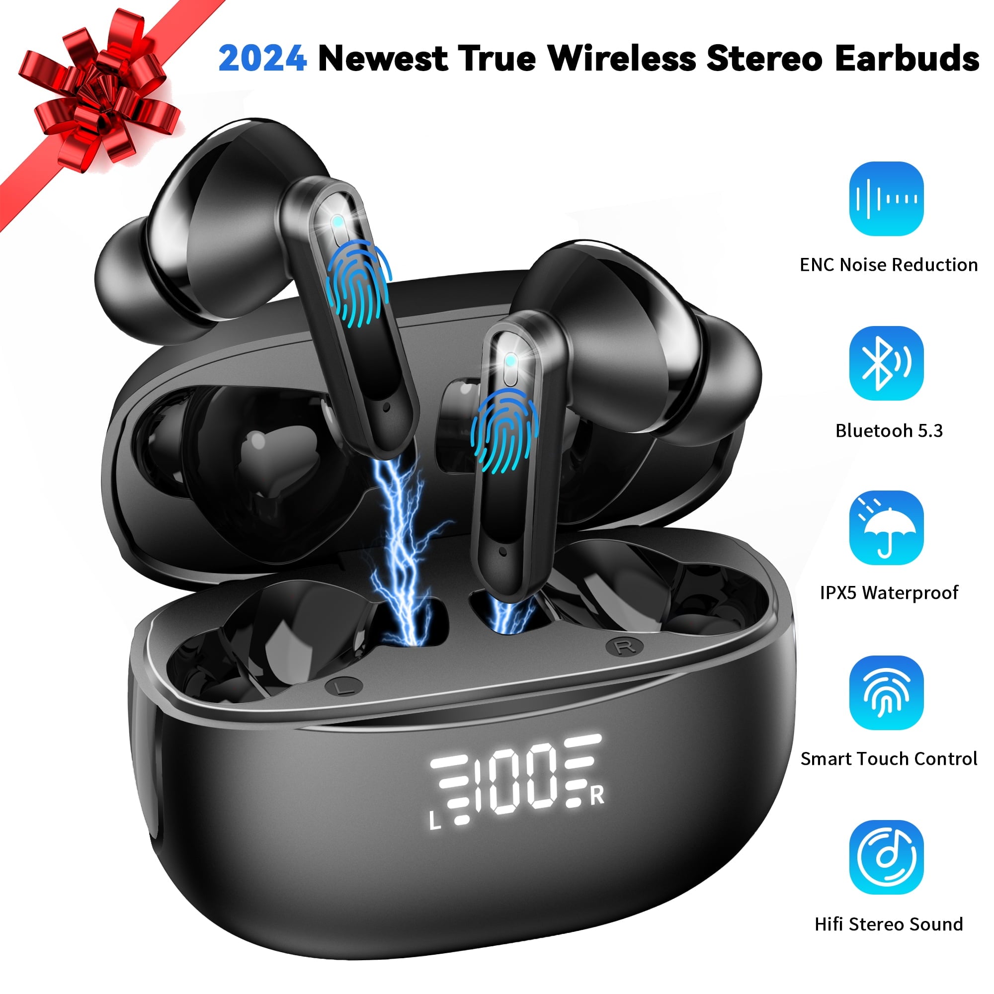 Famistar Wireless Bluetooth V5.3 Earbuds Headphones, Smart Power Display Bluetooth Earphones Headset with Wireless Charging Case IPX5 Waterproof for iPhone/Android Cell Phone Laptop Tablet，UPC:726962330916
