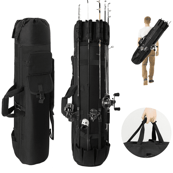 MAJUNES Fishing Bag, Durable Canvas Fishing Rod Bag, Fishing Rod Case Holds 5 Poles and Tackle, Black