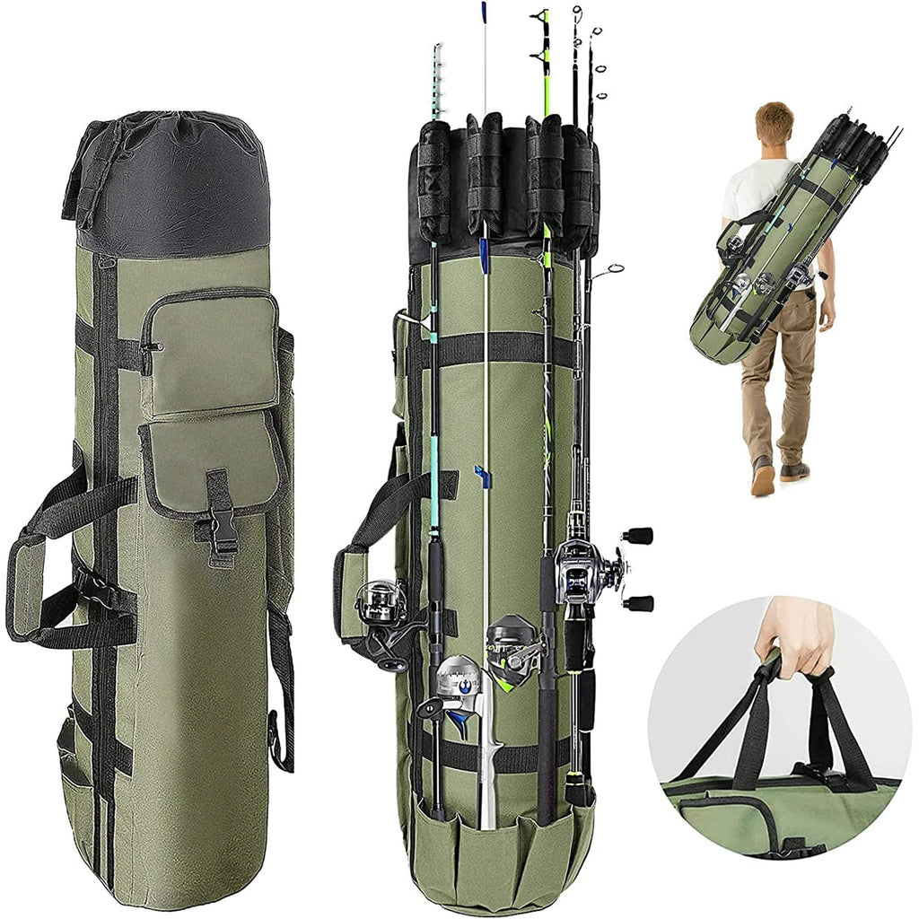 MAJUNES Fishing Bag, Durable Canvas Fishing Rod Bag, Fishing Rod Case Holds 5 Poles and Tackle, Green