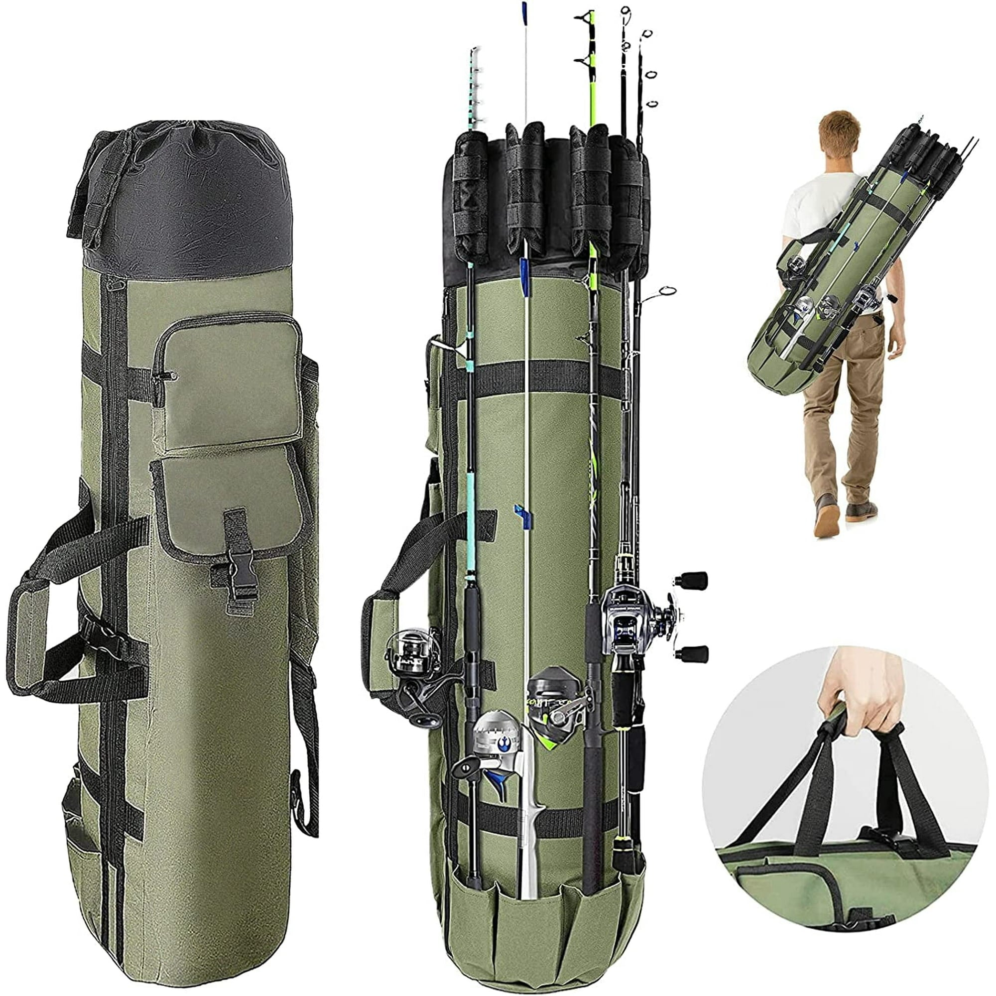 MAJUNES Fishing Bag, Durable Canvas Fishing Rod Bag, Fishing Rod Case Holds 5 Poles and Tackle, Green