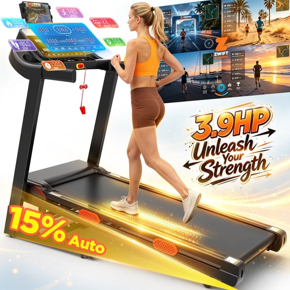 Qvamodo Foldable Electric Treadmill for Home, 3.8 HP Portable Treadmill with Incline for Running Exercise, 300 lb Capacity, App Controll, 15% Auto Incline