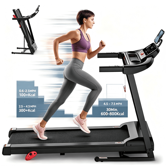 AQUGOKS Foldable Home Treadmill, 0.6–7.5 MPH Running Walking Pad with 9% Incline, 3.0HP Brushless Motor, Bluetooth Speaker & App Connected, 300 LB Capacity, LCD Display, 6 Workout Modes & 12 HIIT Programs