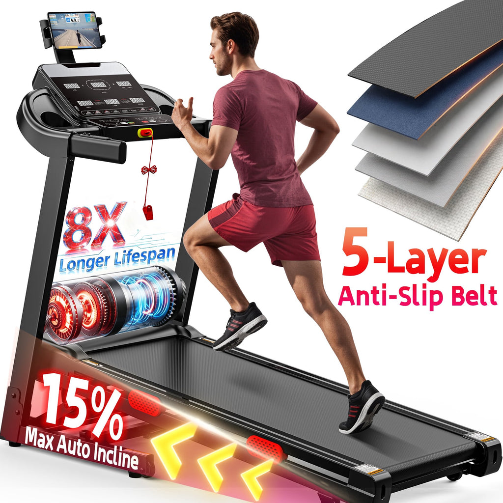 Qvamodo 15% Auto Incline Treadmills for Home with 105 Preset Programs, Foldable Treadmill with Incline, 4HP Quiet Motor, 9 MPH Running Machine with Bluetooth Speaker & 6 LED Display