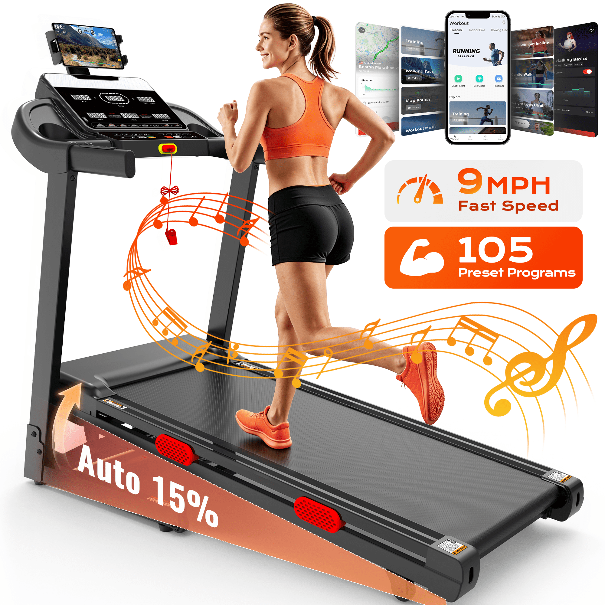 Campmoy Foldable Treadmill with 15% Auto Incline, 330lb Capacity Treadmill for Home, 3.8HP Quiet Motor up to 9MPH, 105 Programs, Cushioned Running Belt, Smart APP Portable Jogging Walking Treadmill