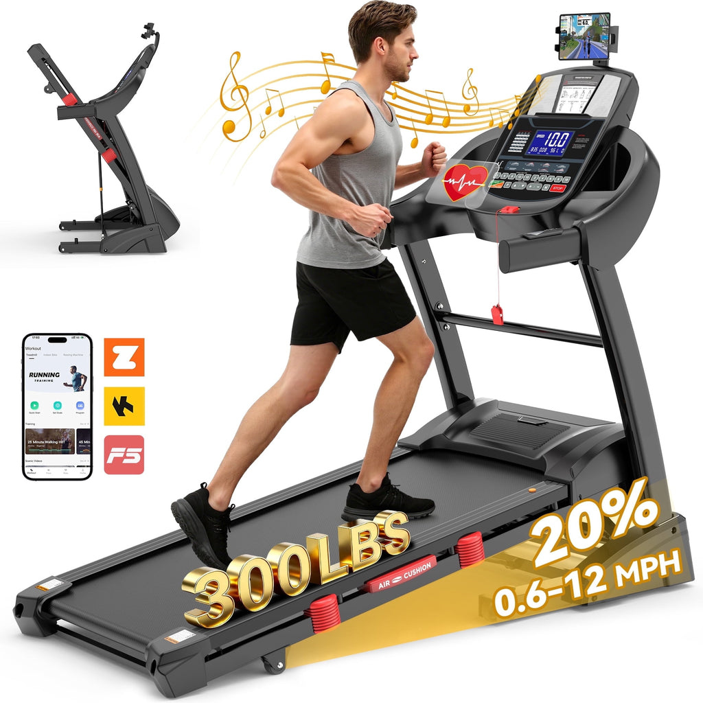 FaayFian 5HP Foldable Treadmill for Home, Jogging Walking Treadmill with Handle, 20% Auto Incline, 330 Lb Capacity, 12MPH, APP Connectivity, 71 Programs, Bluetooth, APP with Free Train Courses, Knee Strap Gif