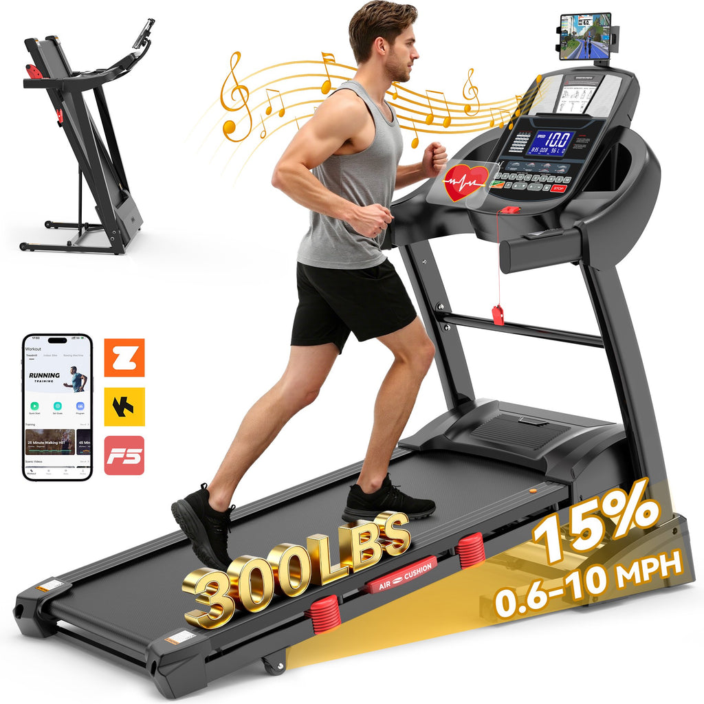 Campmoy Foldable Treadmill for Home, 4.5HP Jogging Walking Treadmill with Handle, 15° Auto Incline, 300 Lb Capacity, 10MPH, FitShow APP, 71 Programs, Bluetooth, APP with Free Train Courses, Knee Strap Gift
