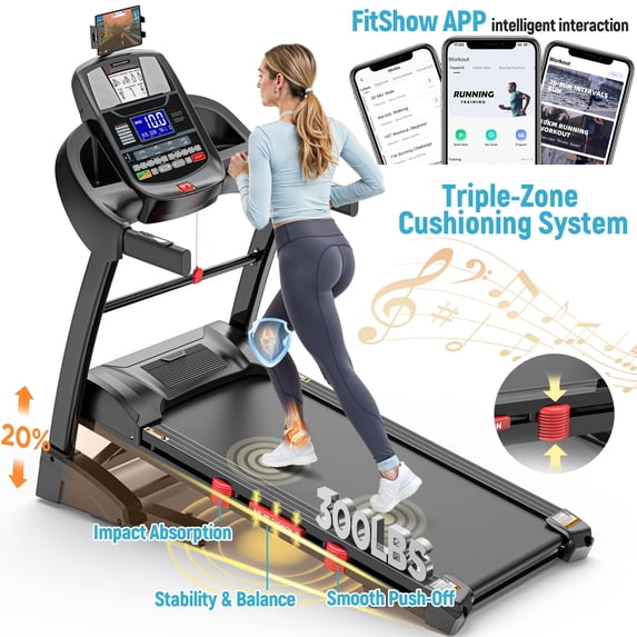 Qvamodo Foldable Treadmill with 4.8HP Motor, 20 Auto Incline Levels, Bluetooth Speakers, Smart APP Control, 300 lbs Capacity, Ideal for Home Workout