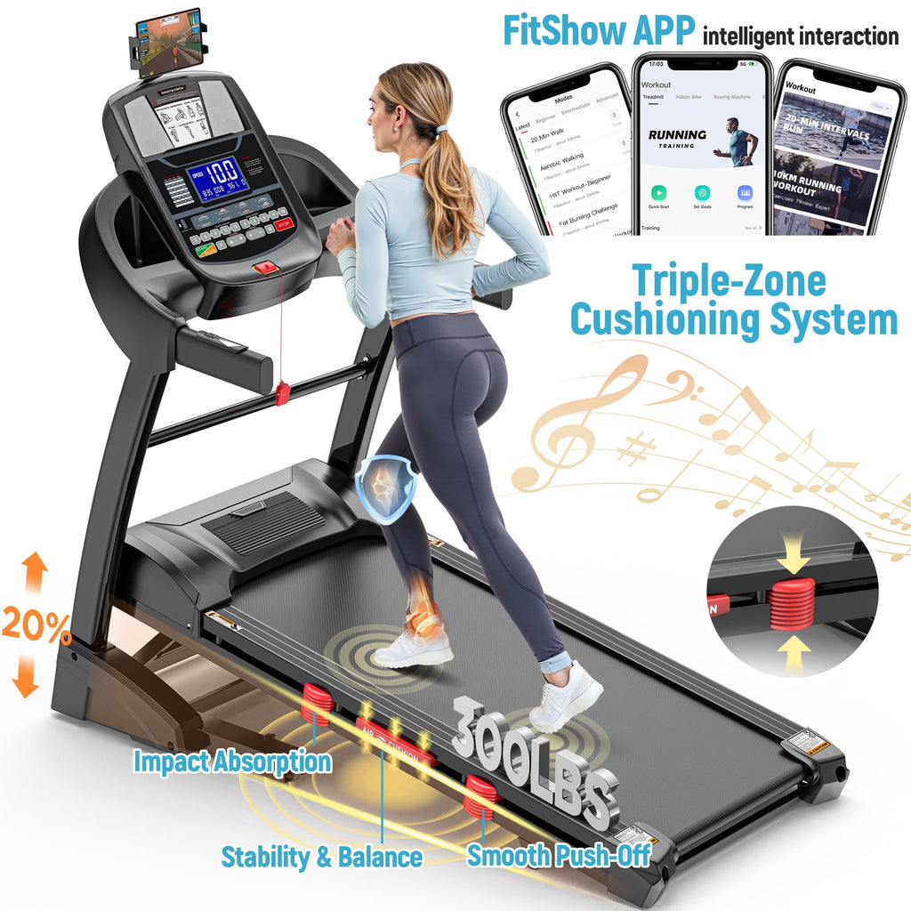 Qvamodo Foldable Treadmill with 4.8HP Motor, 20 Auto Incline Levels, Bluetooth Speakers, Smart APP Control, 300 lbs Capacity, Ideal for Home Workout