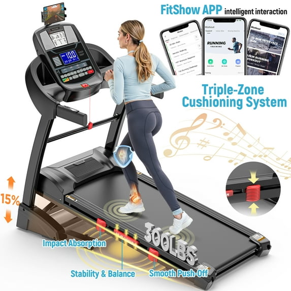 Qvamodo Foldable Treadmill with 4.8HP Motor, 15 Auto Incline Levels, Bluetooth Speakers, Smart APP Control, 300 lbs Capacity, Ideal for Home Workout