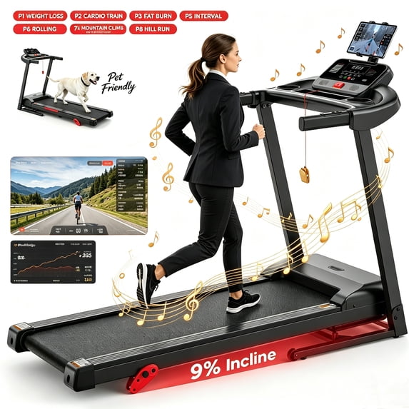 WNANEEZ Folding Treadmill, 3.0HP Quiet Foldable Treadmill for Home,Running Treadmill with LED Display for Exercise with 3-Level Incline, LED Display, Bluetooth Speaker & FitShow App, Shock-Absorbing