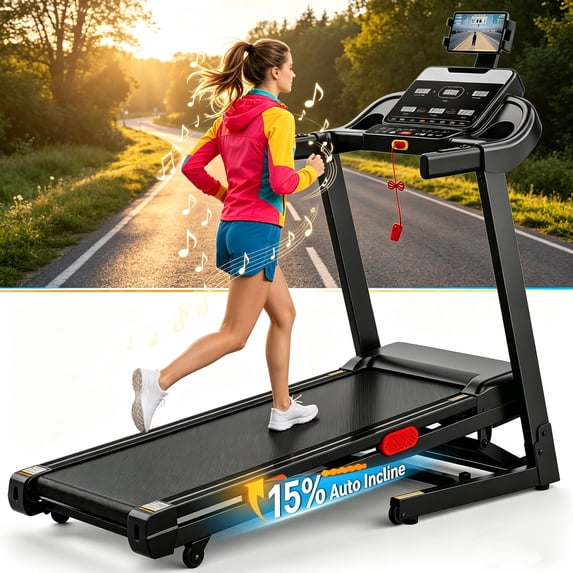 AQUGOKS Folding Treadmill, 3.85 HP Foldable Treadmill for Home, Running Treadmill with LED Display for Exercise, 300 lbs Capacity, Treadmill with Auto Incline