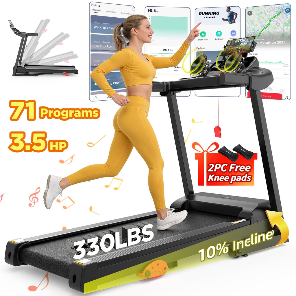 Qvamodo Folding Treadmill 300LBS with 3-level Incline for Home/Office, 3.5HP Portable Treadmill with Bluetooth, App Control & Free Courses, 71 Program, LED Display, Running Jogging Walking Exercise Machine