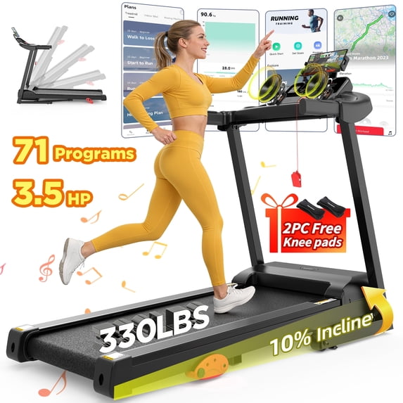 Qvamodo Folding Treadmill 300LBS with 3-level Incline for Home/Office, 3.5HP Portable Treadmill with Bluetooth, App Control & Free Courses, 71 Program, LED Display, Running Jogging Walking Exercise Machine