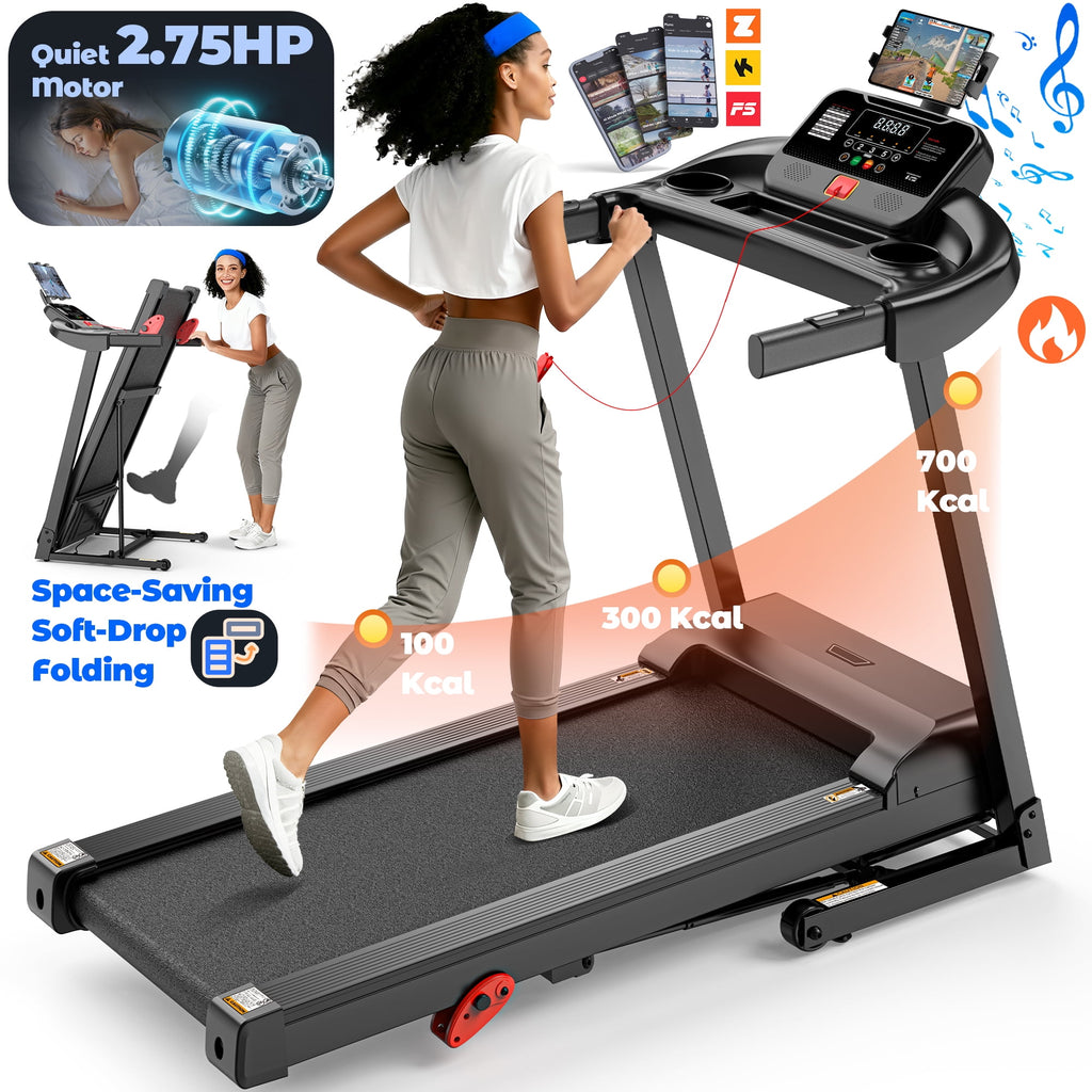 FaayFian Folding Treadmill 300lbs Capacity for Home Gym, 2.75HP Silent Powerful Motor, Home Exercise Treadmill, Free APP Control, 64+3+3+1 Preset Programs, 3 Manual Levels