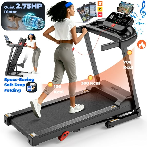 FaayFian  Folding Treadmill 300lbs Capacity for Home Gym, 2.75HP Silent Powerful Motor, Home Exercise Treadmill, Free APP Control, 64+3+3+1 Preset Programs, 3 Manual Levels