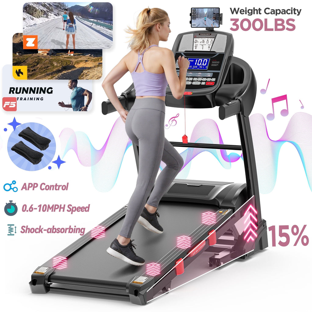 MAJUNES Folding Treadmill with 300lbs Capacity, Treadmill for Home with 15% Incline, Portable Treadmill with APP Control, 64+3+3+1Programs,Space-Saving Design