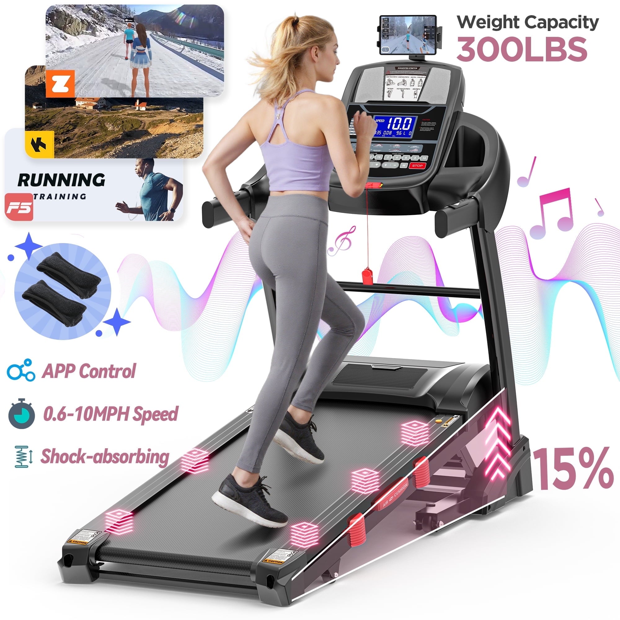 MAJUNES Folding Treadmill with 300lbs Capacity, Treadmill for Home with 15% Incline, Portable Treadmill with APP Control, 64+3+3+1Programs,Space-Saving Design