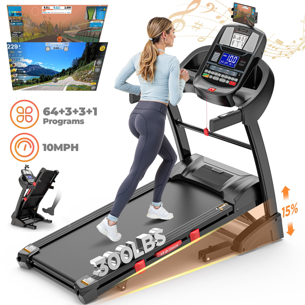 Qvamodo Folding Treadmill for Home with 15% Auto Incline, 4.5HP Motor, 300 lb Capacity, 10MPH Speed, 64 Programs, Bluetooth, FREE APP Control, Adjustable iPad Holder, Shock Absorption Deck, Knee Strap Gift