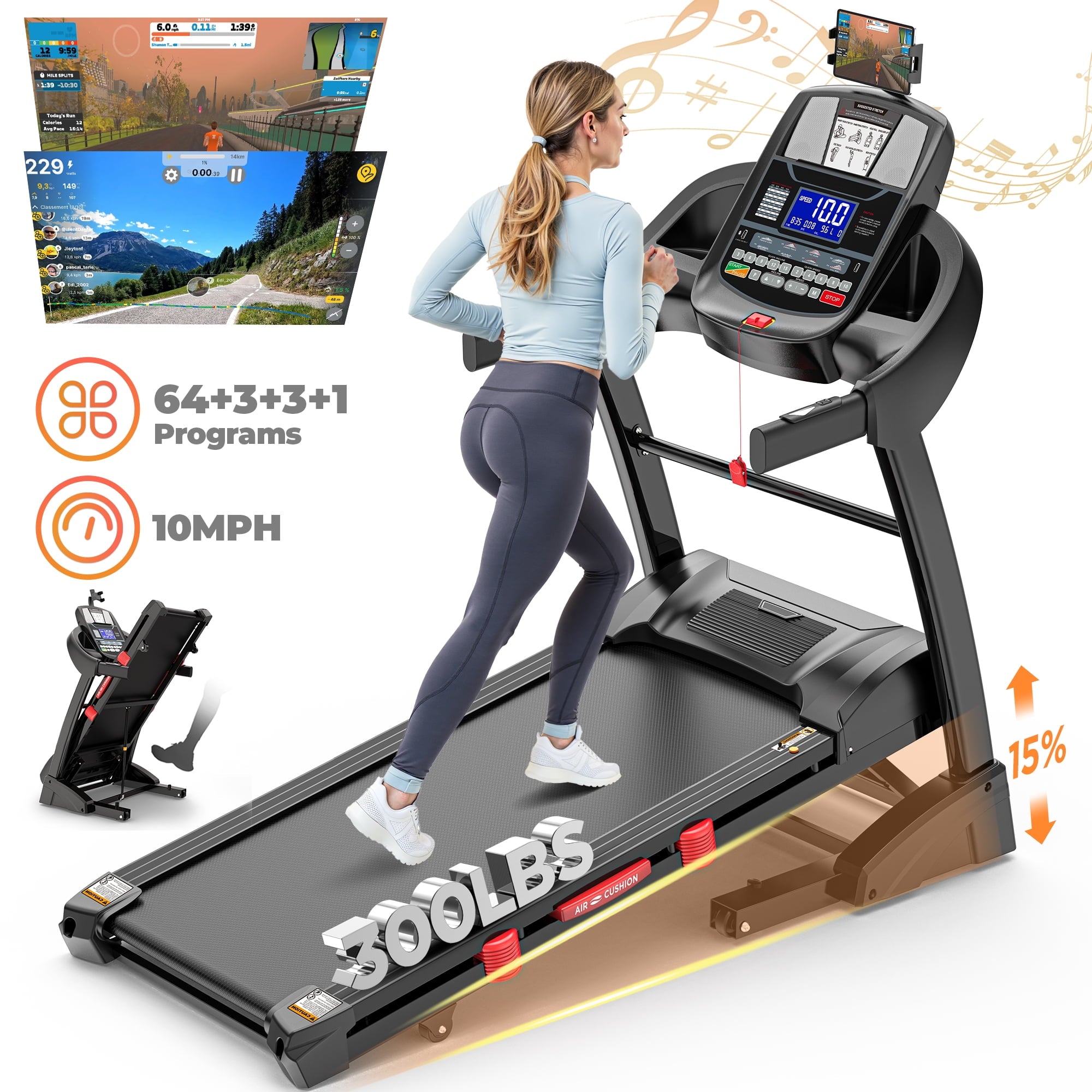 Qvamodo Folding Treadmill for Home with 15% Auto Incline, 4.5HP Motor, 300 lb Capacity, 10MPH Speed, 64 Programs, Bluetooth, FREE APP Control, Adjustable iPad Holder, Shock Absorption Deck, Knee Strap Gift