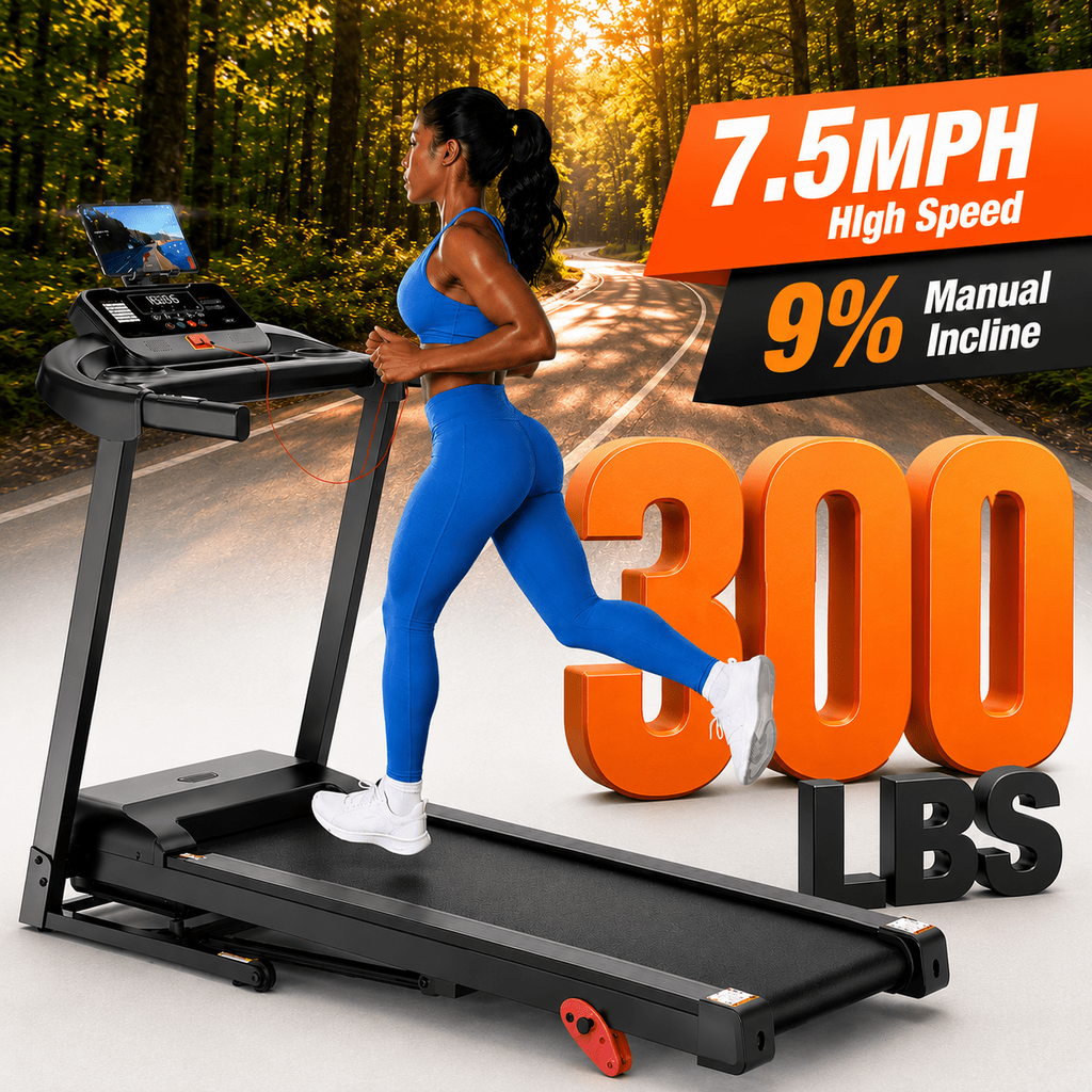 AQUGOKS Folding Treadmill for Home, 3.5HP Quiet Motor, 0.6–7.5 MPH, 9% Manual Incline, 300LB Capacity, Smart App Compatible, Compact Walking & Running Machine for Small Space