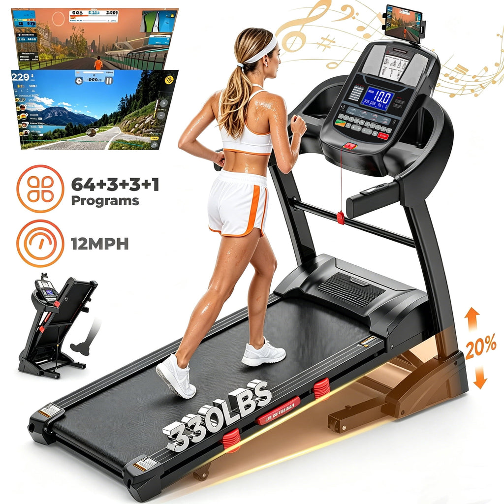 Qvamodo Folding Treadmill for Home with 20% Auto Incline, 5HP Motor, 300 lb Capacity, 12MPH Speed, 71 Programs, Bluetooth, FREE APP Control, Adjustable Tablet Holder, Shock Absorption Deck, Knee Strap Gift