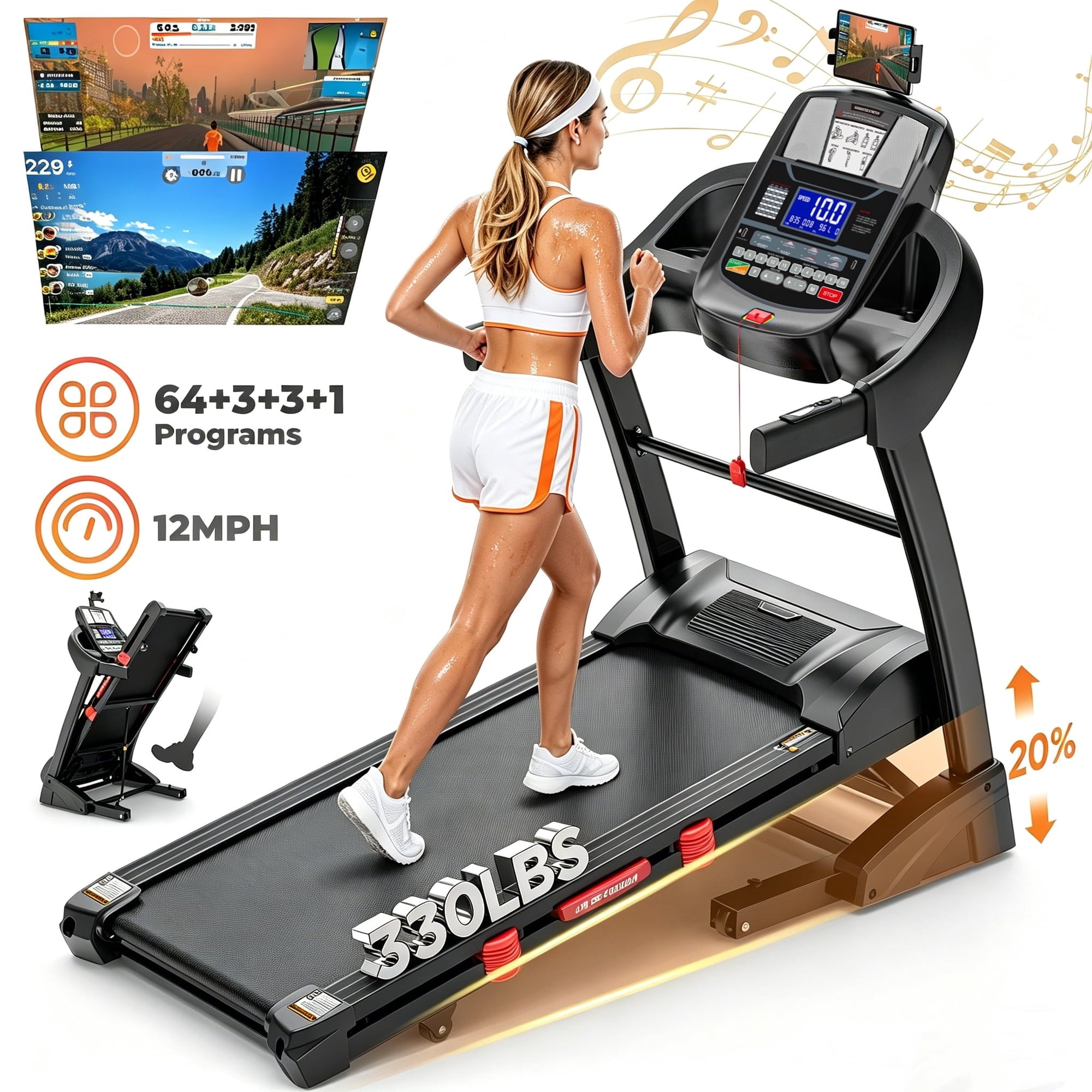 Qvamodo Folding Treadmill for Home with 20% Auto Incline, 5HP Motor, 300 lb Capacity, 12MPH Speed, 71 Programs, Bluetooth, FREE APP Control, Adjustable Tablet Holder, Shock Absorption Deck, Knee Strap Gift