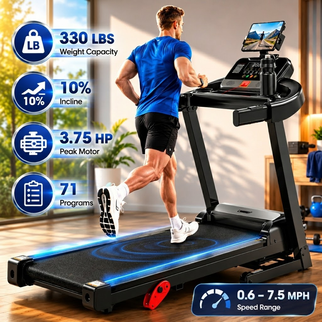 OXIBYPU Folding Treadmill for Home with 3.75HP Quiet Motor, 10% Manual Incline, 0.6–7.5 mph Speed Range, 42.12" × 15.74" Running Belt, 71 Programs, App Connectivity, 300 lbs Capacity