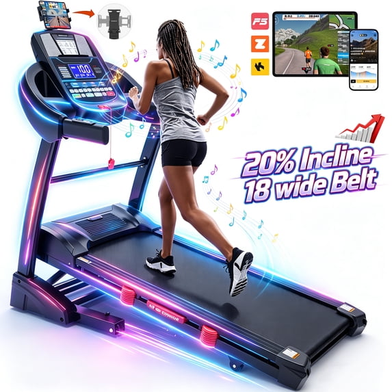 Qvamodo Folding Treadmill for Home–5HP Motor, 20-Level Auto Incline, 71 Programs, Free Courses & APP & Bluetooth, LCD Display, 18"×50" Cushioned Deck, 330 lbs Capacity, Jogging walking, Knee Straps Bonus