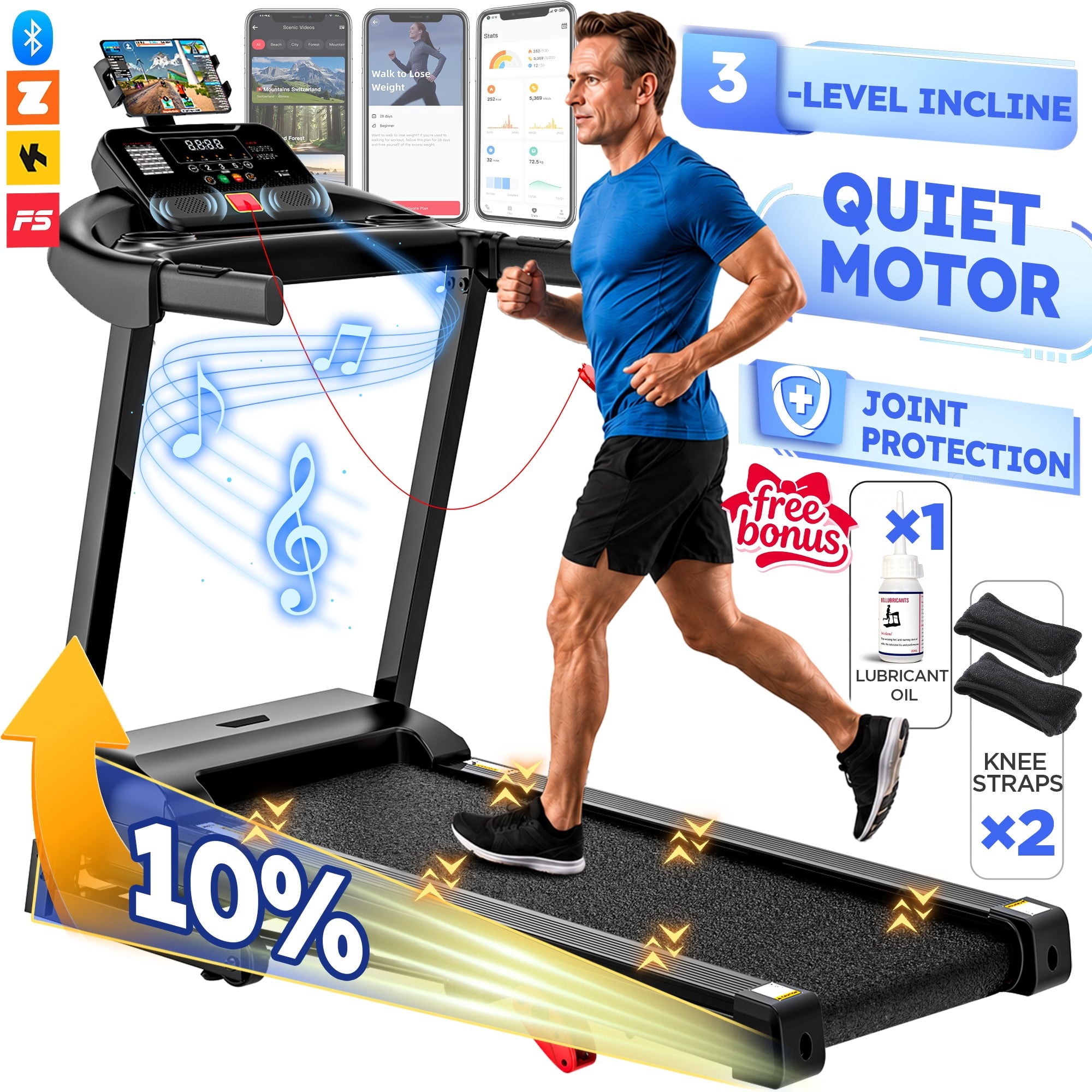 ODYAAZ Folding Treadmill for Home Use, 3.0HP Quiet Motor, 0–7.5 MPH Speed Range, APP Control with LED Console, Compact Foldable Design for Walking, Jogging & Apartment Fitness