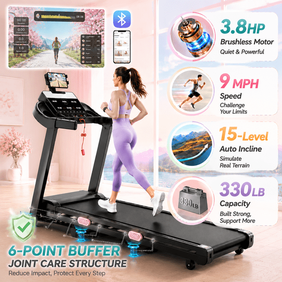 OXIBYPU Folding Treadmill with 15% Auto Incline Treadmill for Home, Portable Exercise Treadmill, 9MPH Speed, 105 Programs Smart APP Control, Walking Treadmill with Shock Absorption, Compact Fitness Equipment