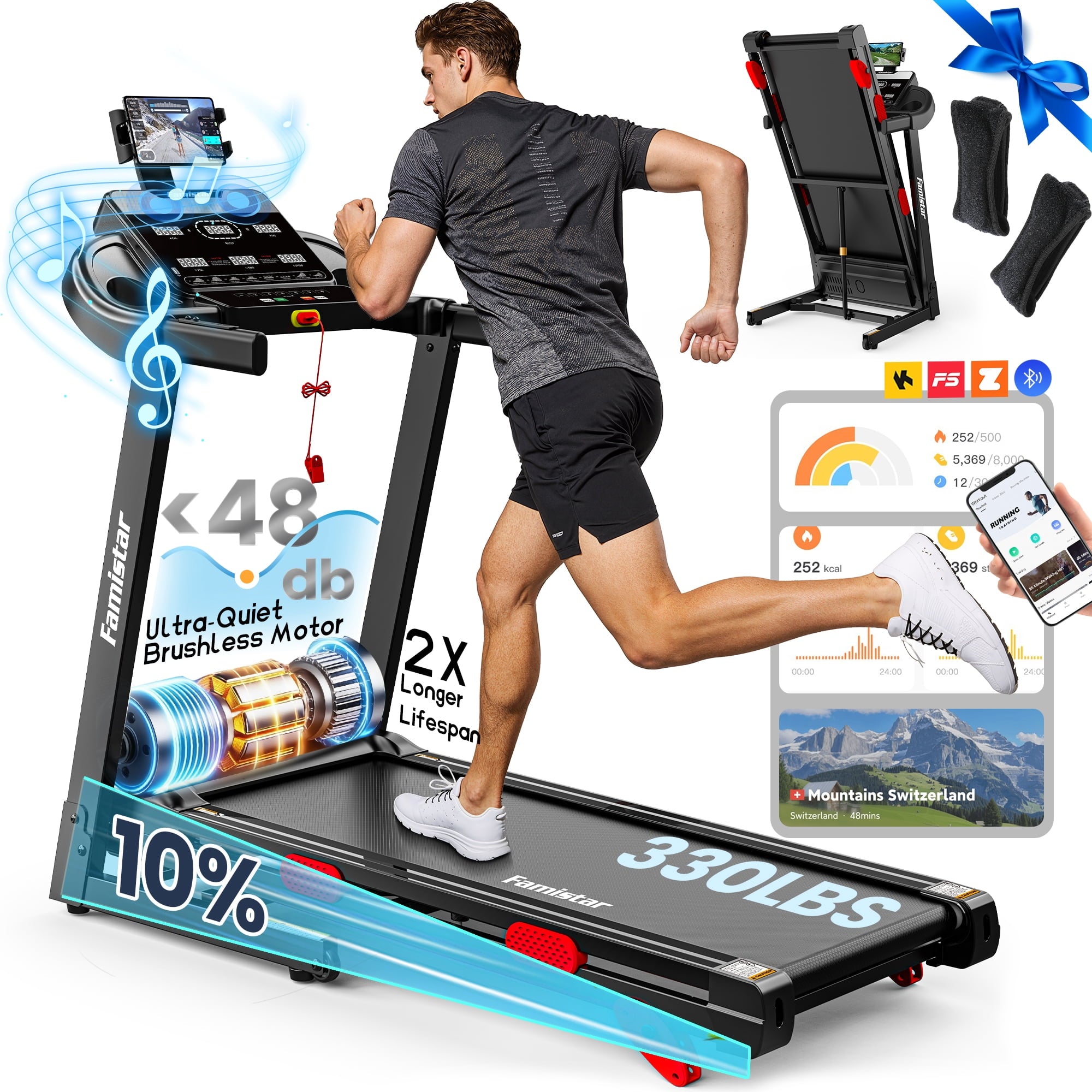Qvamodo Folding Treadmill for Home with 10% Incline, 0.6–9 MPH Speed, Quiet Brushless Motor, 330 lb Capacity, App Support