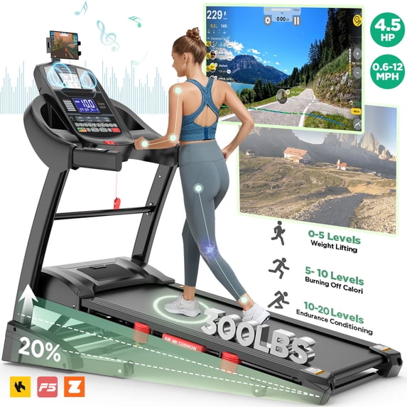 WNANEEZ Folding Treadmill for Home with 15 Levels Auto Incline,4.5HP Portable Treadmill 300 lbs with 64 Programs,10MPH,APP, Bluetooth, Shock Absorption Deck