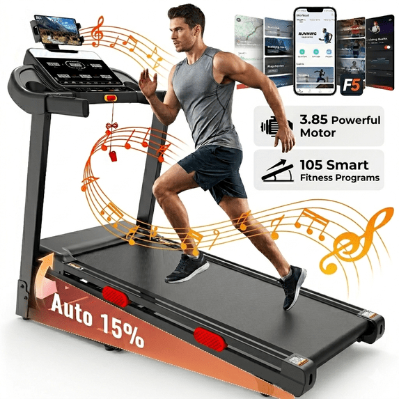 Campmoy Folding Treadmill w/ 15% Auto Incline, 3.85HP Portable Treadmill 330LB Capacity, 105 Programs Treadmills for Home with APP Control, Bluetooth Speaker, LCD Display, Foldable Jogging Walking Treadmill